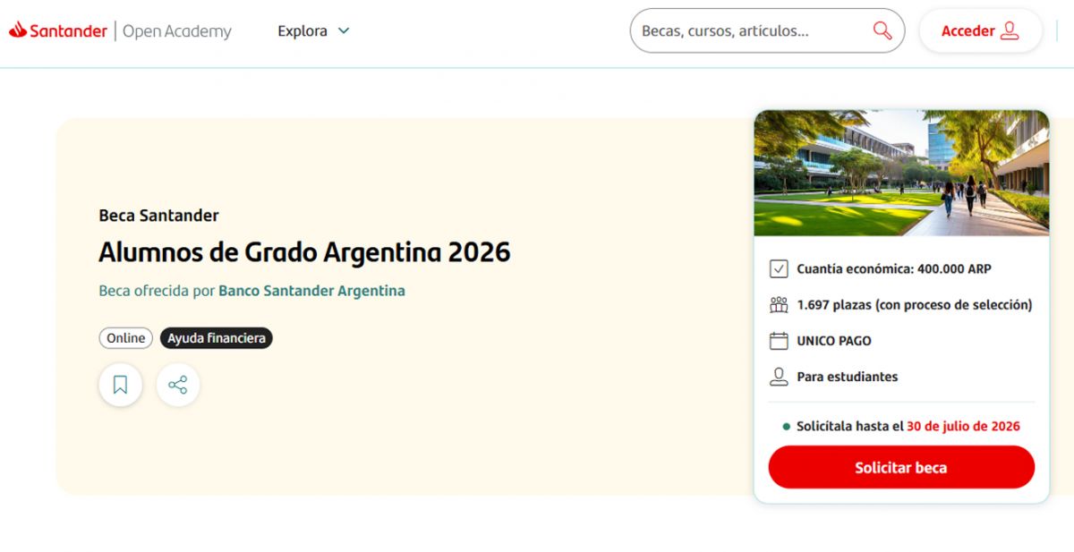AYUDA ECONÓMICA. El Banco Santander abrió una beca de $400.000 para estudiantes universitarios.