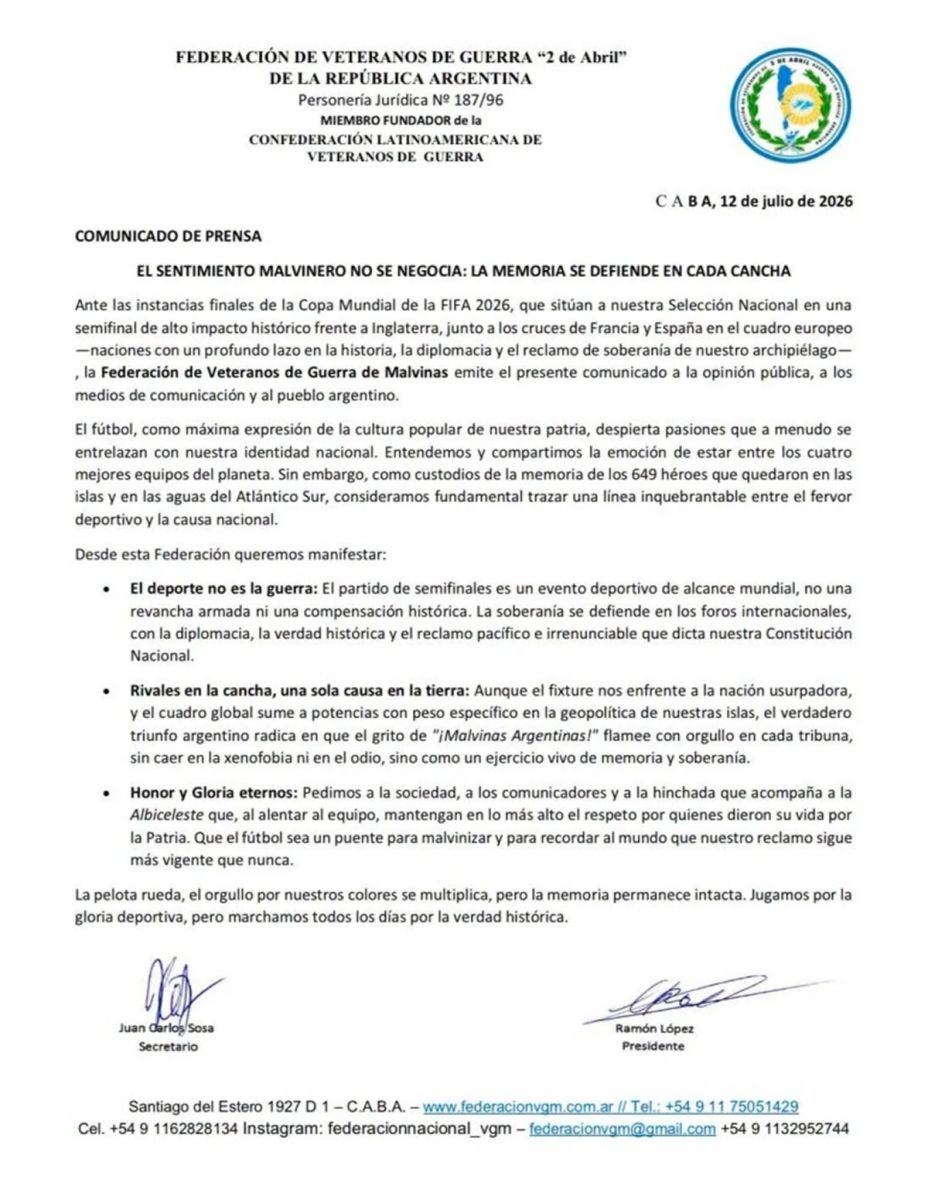 El comunicado de los veteranos de Malvinas antes de Argentina-Inglaterra: “El deporte no es una guerra”