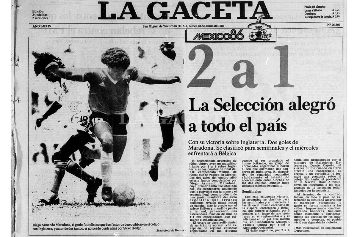 EL 10. Lunes 23 de junio de 1986: la histórica portada que consagró el partido perfecto de Diego Maradona ante los ingleses.