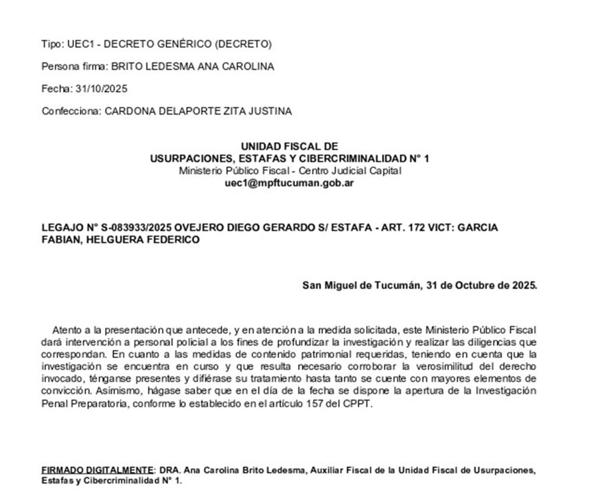 RESOLUCIÓN. La resolución en la que se le informó Ovejero que sería investigado por las denuncias realizadas.