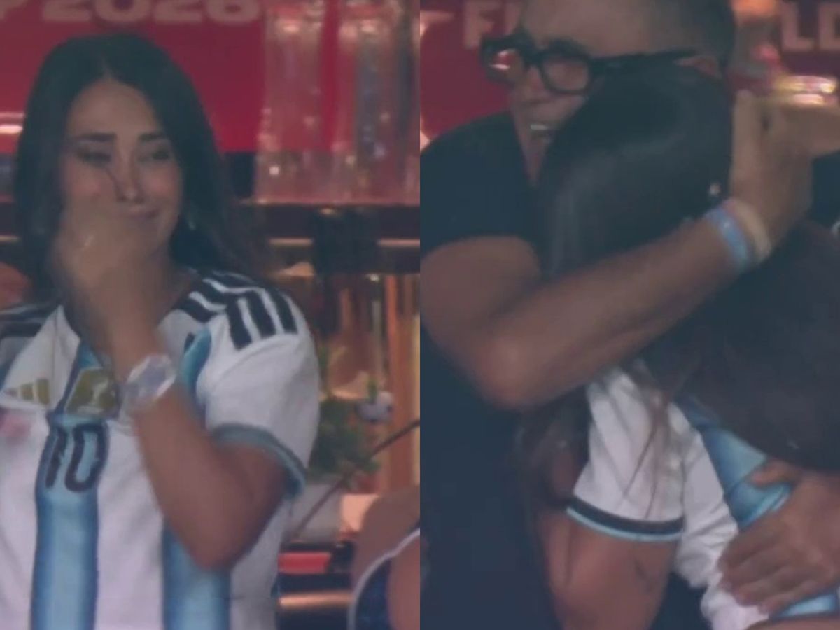 El abrazo de Antonela Roccuzzo con su papá tras el gol de Enzo Fernández
