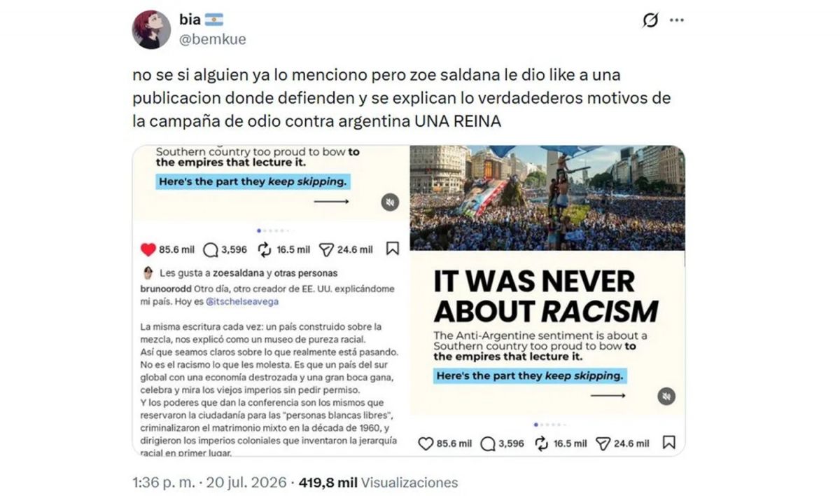 La actriz Zoe Saldaña tuvo un gesto con Argentina en medio de la polémica por las acusaciones de racismo