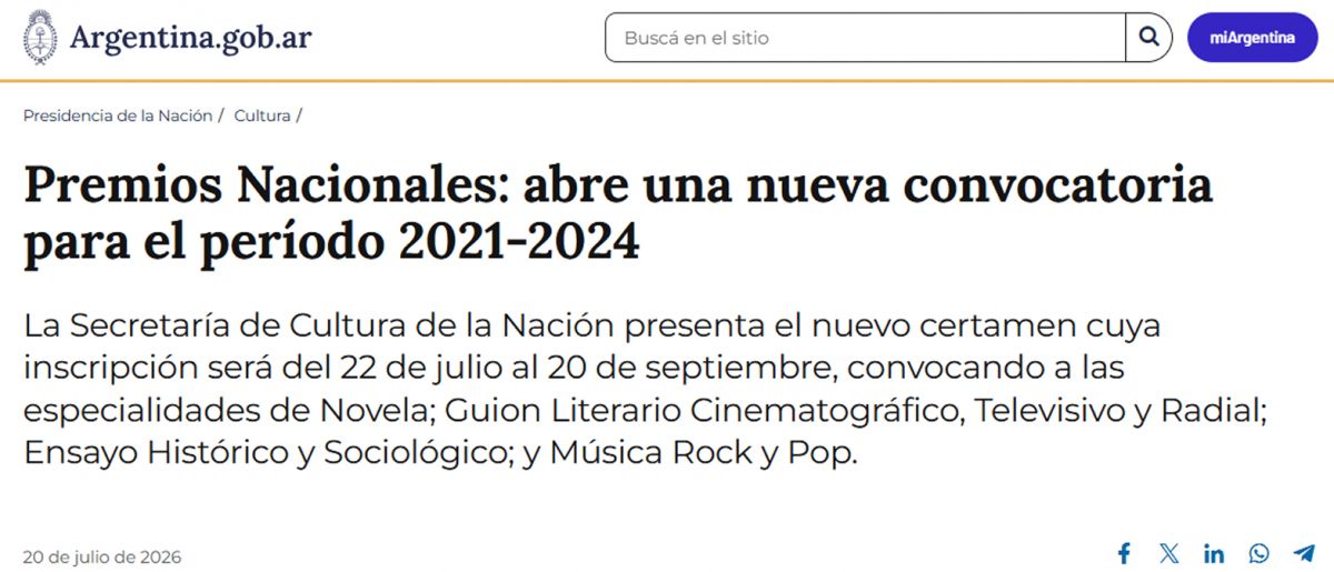 CONVOCATORIA. Premios Nacionales 2026: lanzan un nuevo certamen para escritores y músicos argentinos