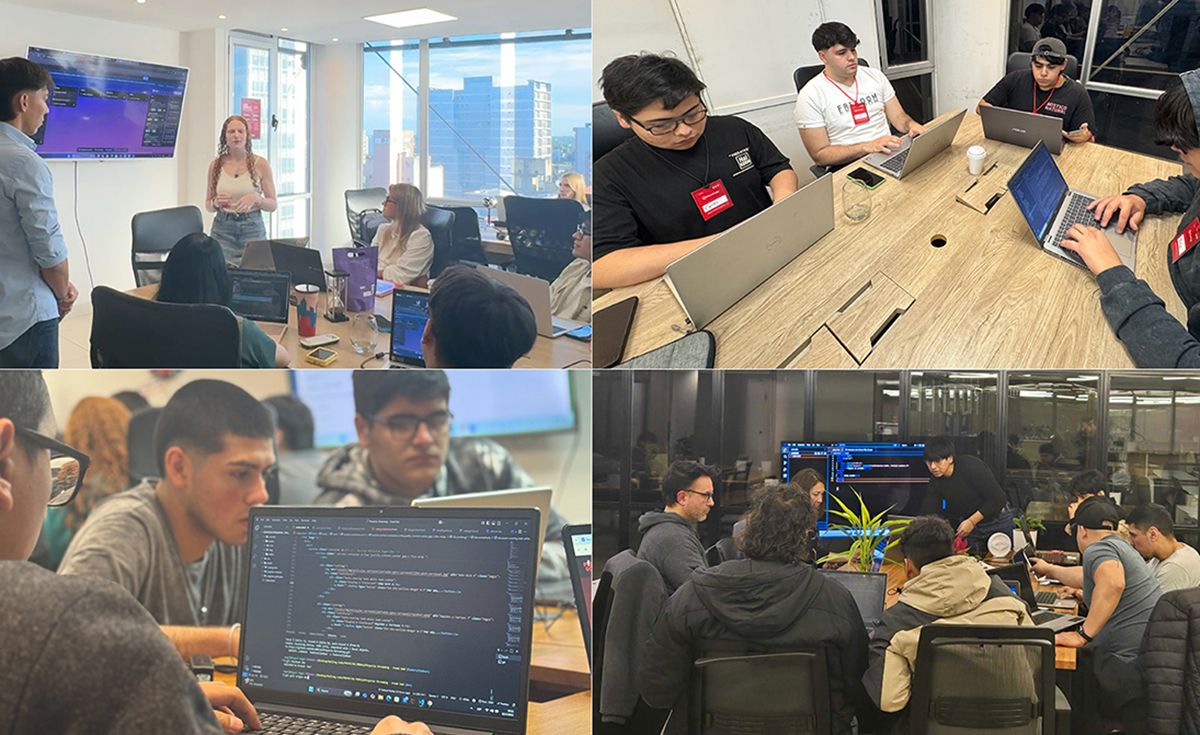 EN CLASE. Distintos momentos de RollingCode: alumnos trabajando en proyectos reales, mentores dando devoluciones y presentaciones en equipo.