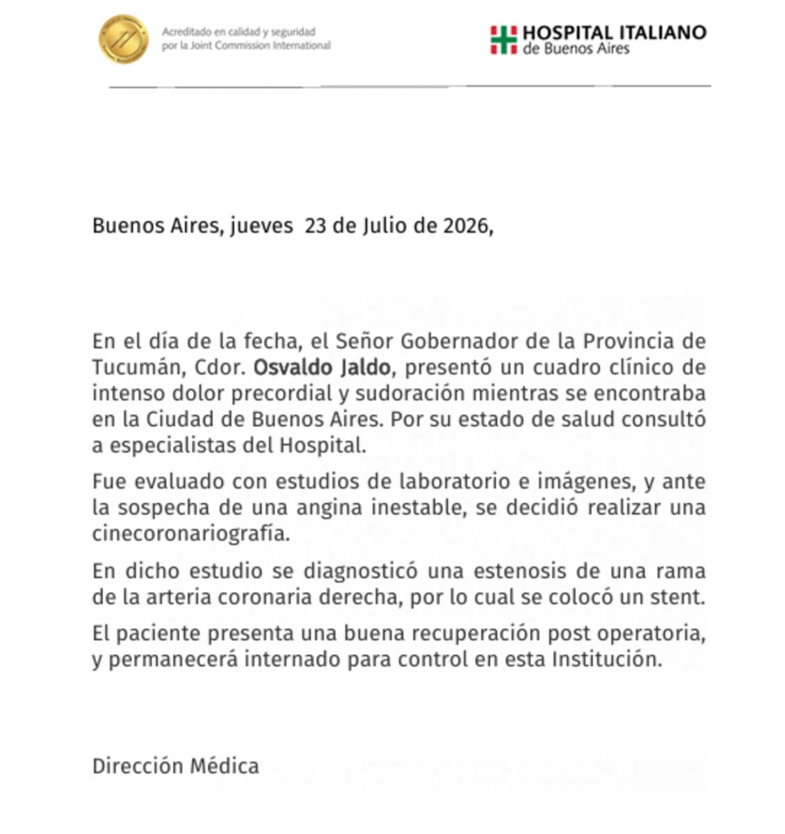 Jaldo fue sometido a una intervención en Buenos Aires y permanece internado
