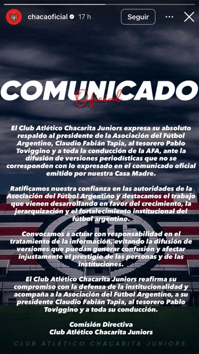 En medio de la investigación contra la AFA, Chacarita publicó un comunicado para respaldar a Chiqui Tapia
