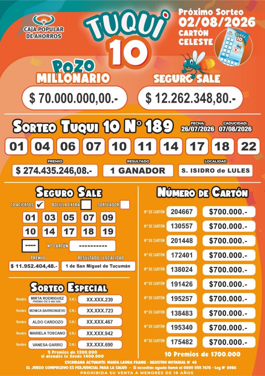 Tuqui 10: cómo salió el sorteo de este domingo 26 de julio