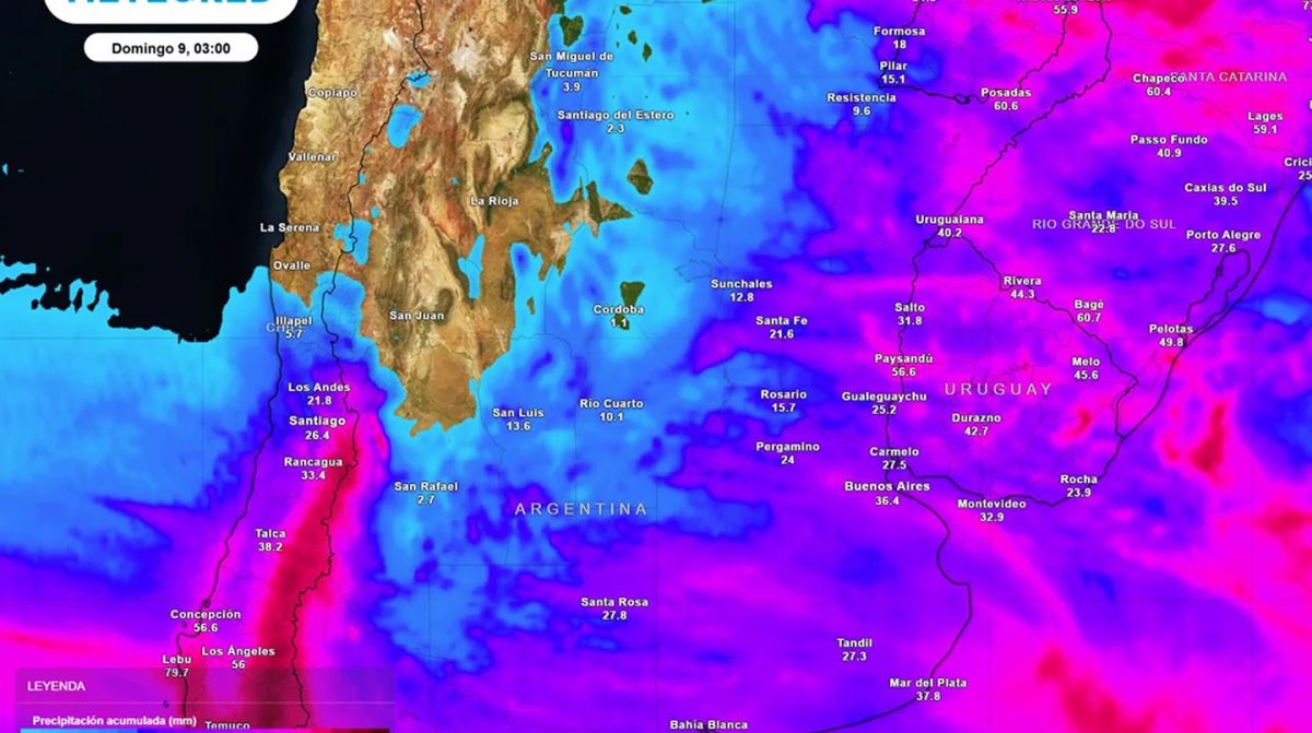 Acumulados de lluvia previstos hasta el próximo domingo según el ECMWF. Imagen: Meteored