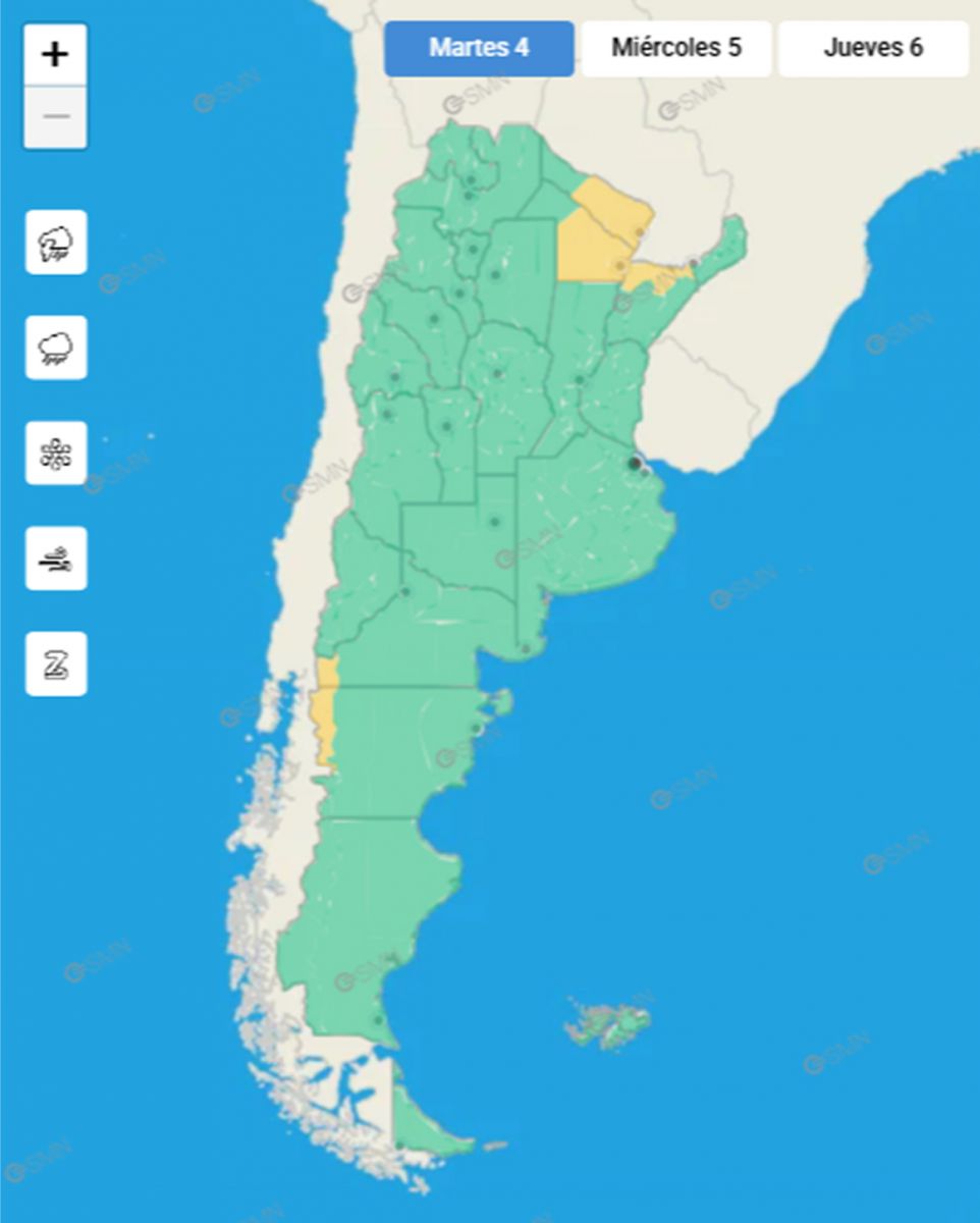Las zonas bajo alerta amarilla este martes. 
