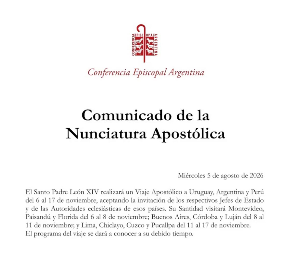 CONFIRMACIÓN. La Conferencia Episcopal Argentina publicó un breve comunicado para anunciar la visita del papa León.