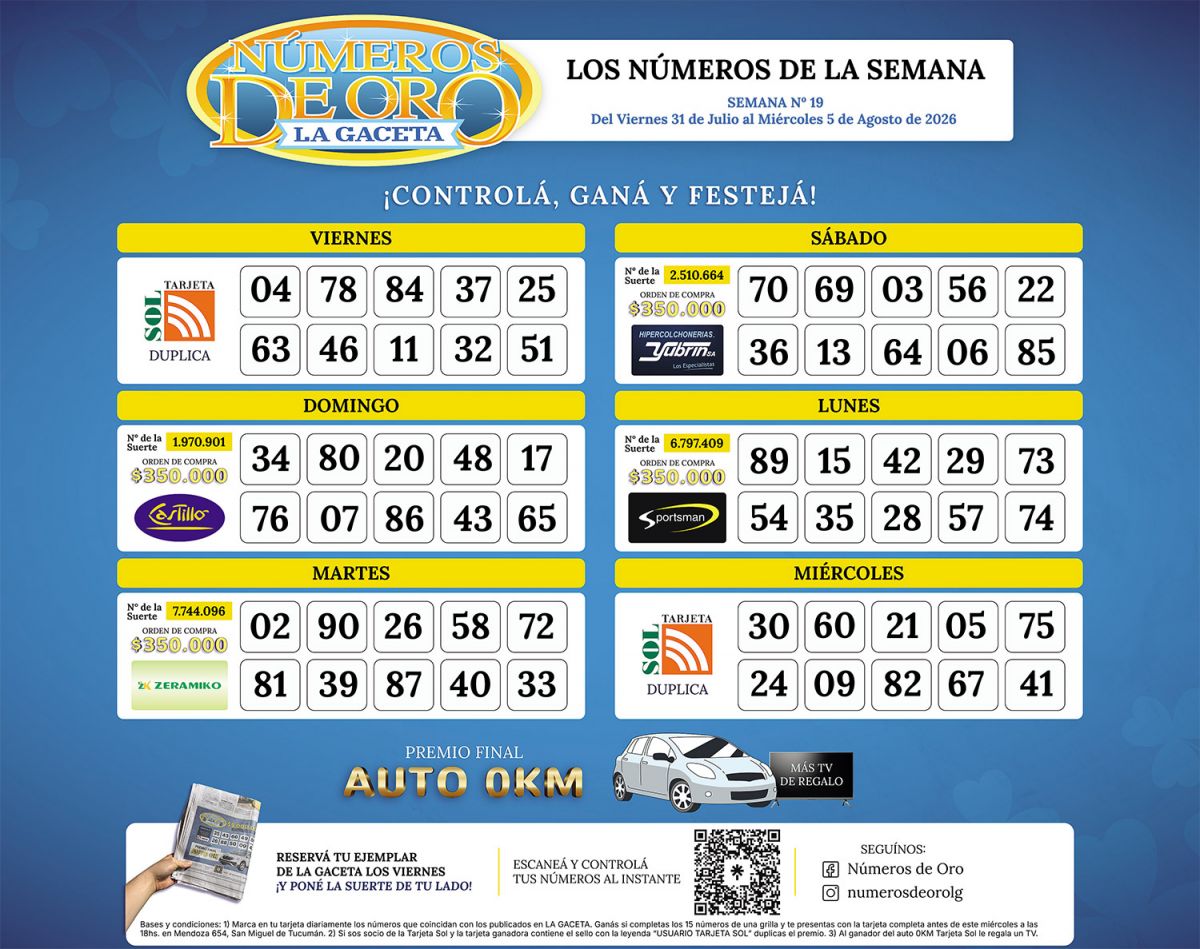 Esta es la grilla completa de los Números de Oro de LA GACETA del 5 de agosto de 2026
