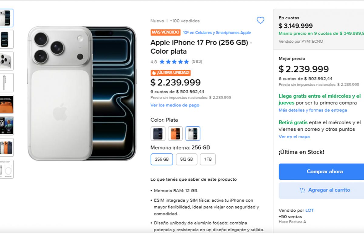 El costo de un iPhone 17 Pro en Mercado Libre Argentina. 