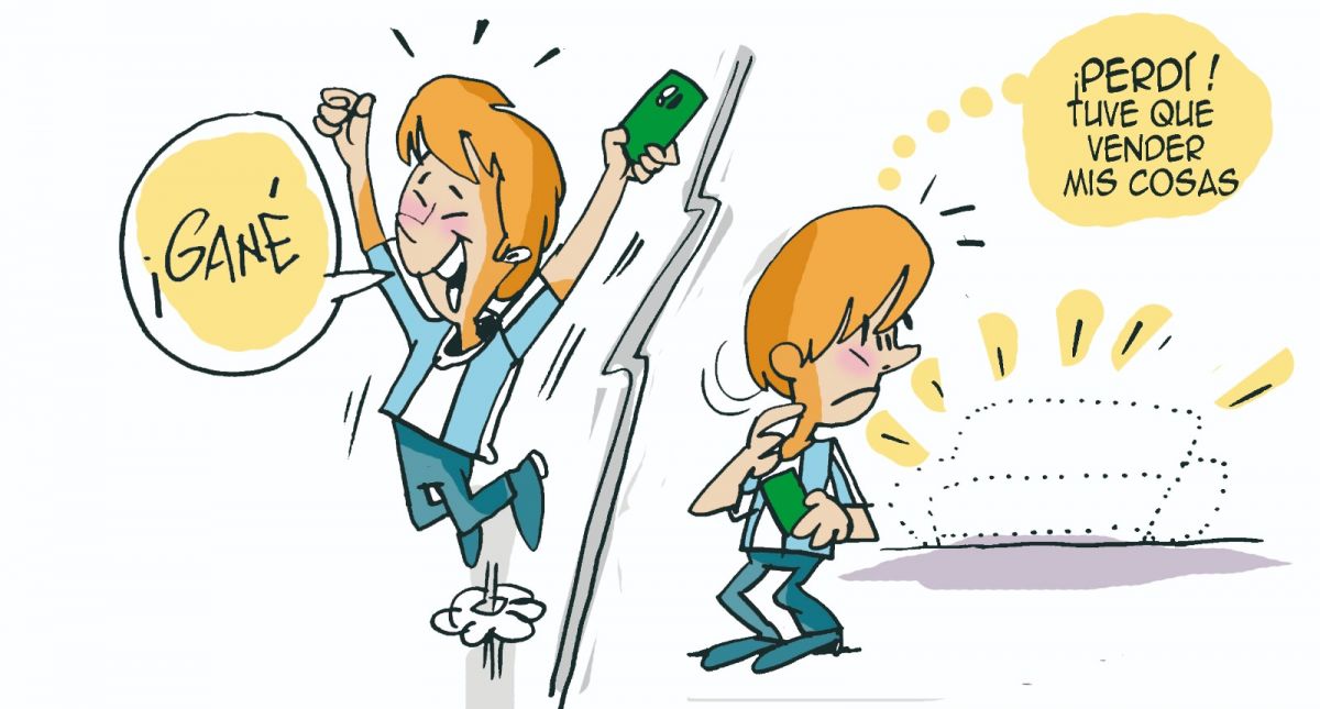 DOS CARAS. La ilustración contrapone las dos caras de las apuestas online: la alegría por una ganancia que se muestra y las pérdidas que pueden terminar en deudas y hasta en la venta de objetos de la casa.