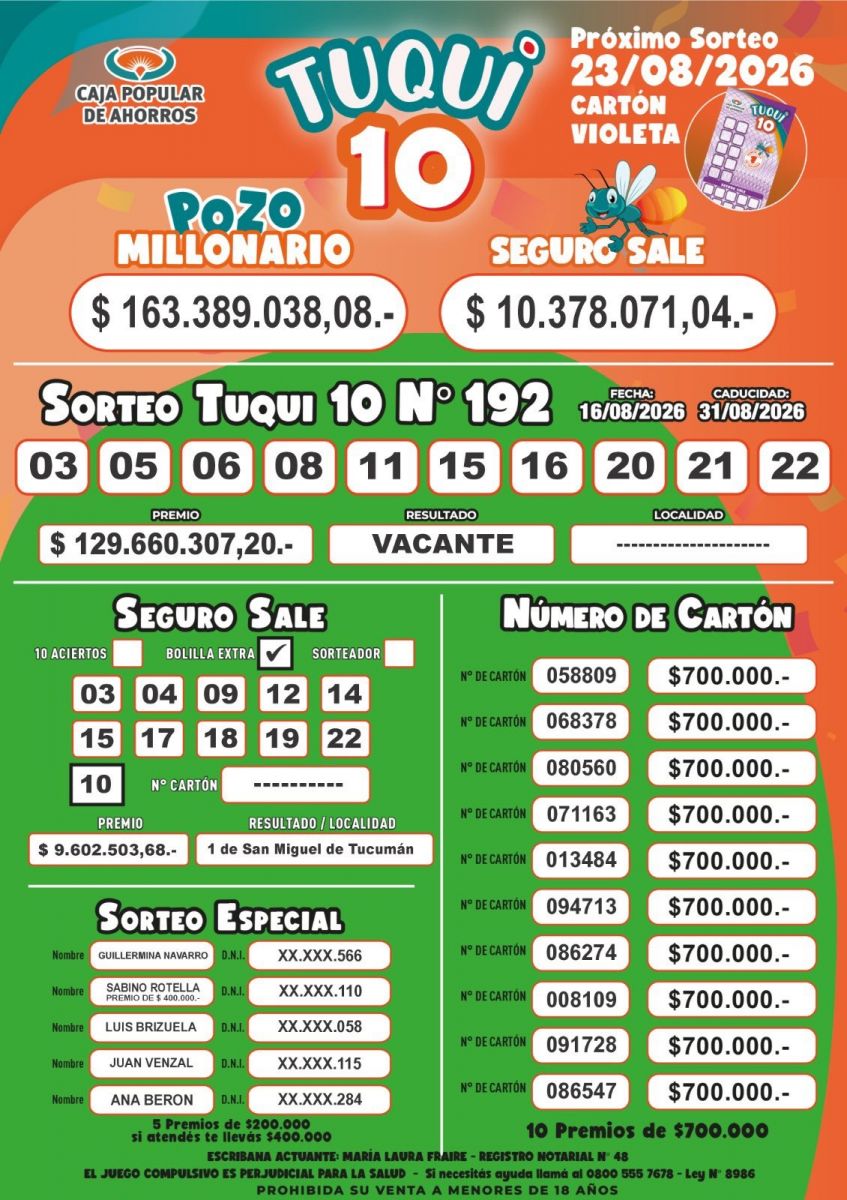 Tuqui 10: conocé cómo salió el sorteo de este domingo 16 de agosto