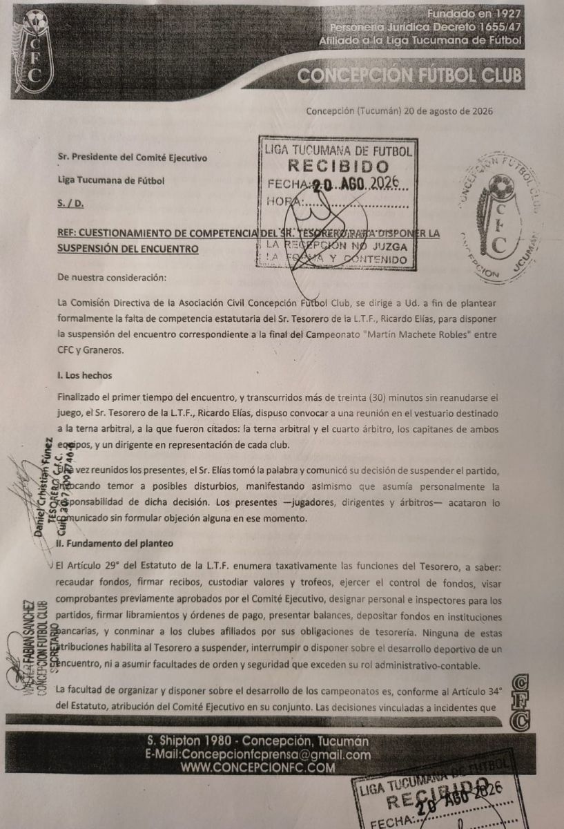 Concepción FC confirmó que jugará la final, pero presentó fuertes reclamos ante la Liga Tucumana