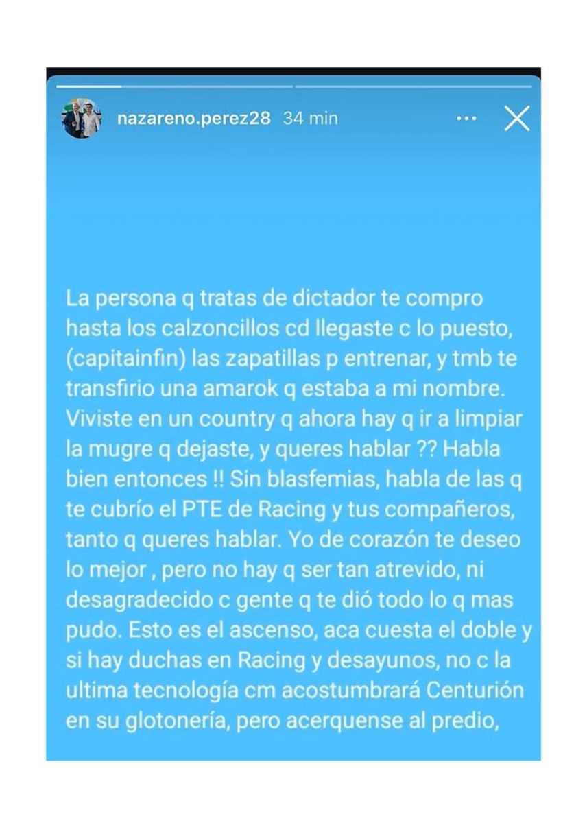 Escándalo en Nueva Italia: Centurión acusó al presidente de Racing de Córdoba de pagarle con un cheque sin fondos