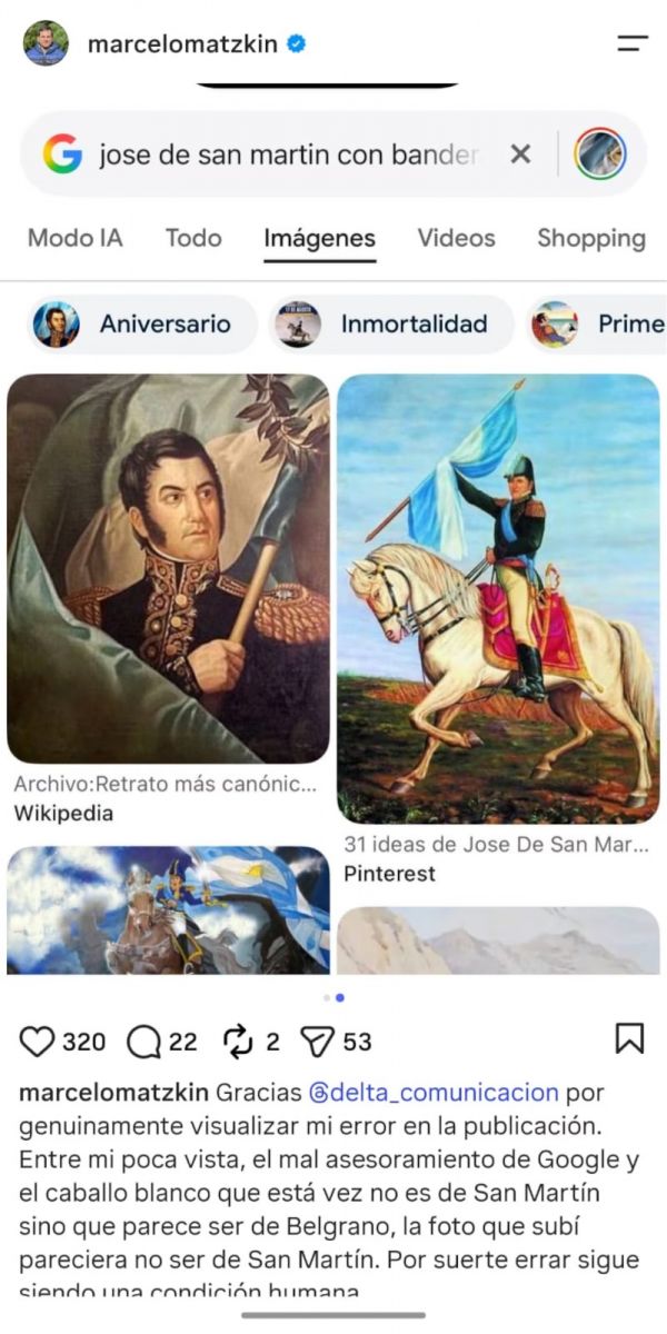 Un intendente bonaerense quiso homenajear a San Martín, pero publicó una imagen de Belgrano: culpó a Google