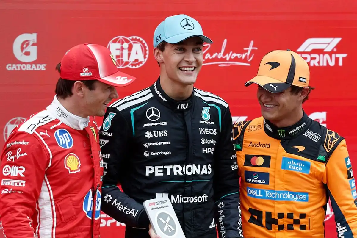 George Russell ganó la cita con Charles Leclerc (2°) y Lando Norris (3°). Foto de  Reuters/Benoit Tessier