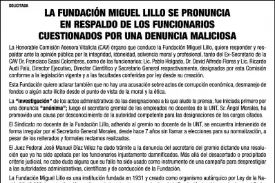 Solicitada: La Fundación Miguel Lillo se pronuncia en respaldo de los funcionarios cuestionados por una denuncia maliciosa