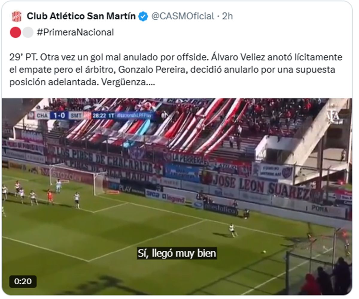 El mensaje contra los árbitros que publicó la cuenta oficial de San Martín y luego borró