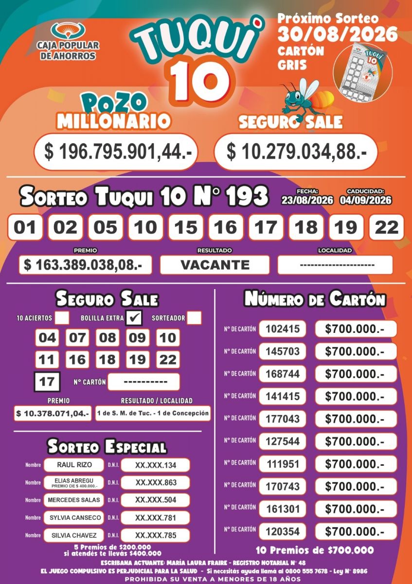 Tuqui 10: cómo salió el sorteo de este 23 de agosto