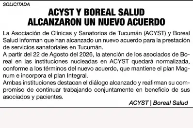 Solicitada: Acyst y Boreal Salud alcanzaron un nuevo acuerdo