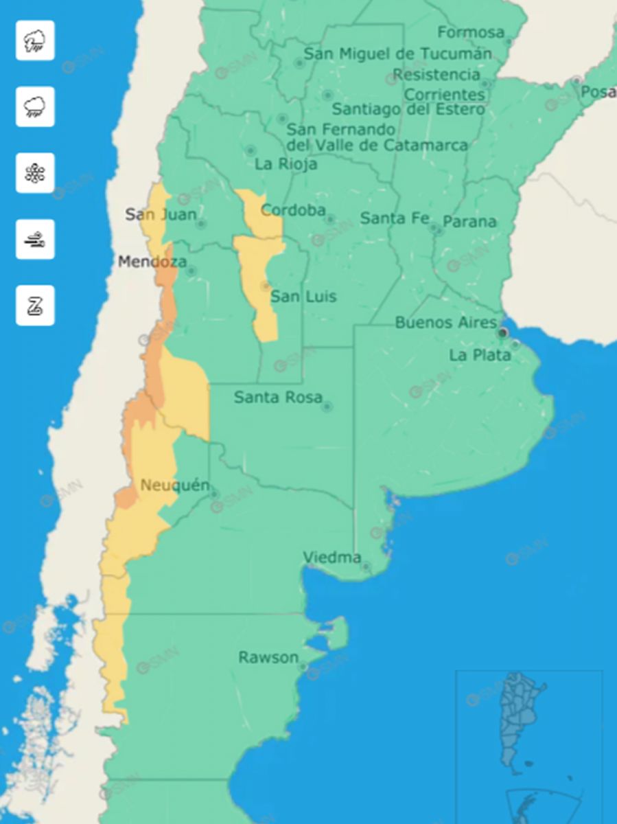 Las alertas se concentrán en el centro, la región cuyana y el sur del país. 