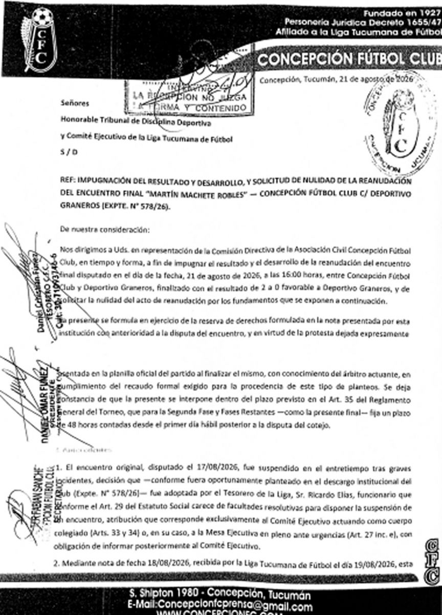 Concepción FC impugnó la final ante Graneros y pidió la nulidad del partido por presuntas irregularidades