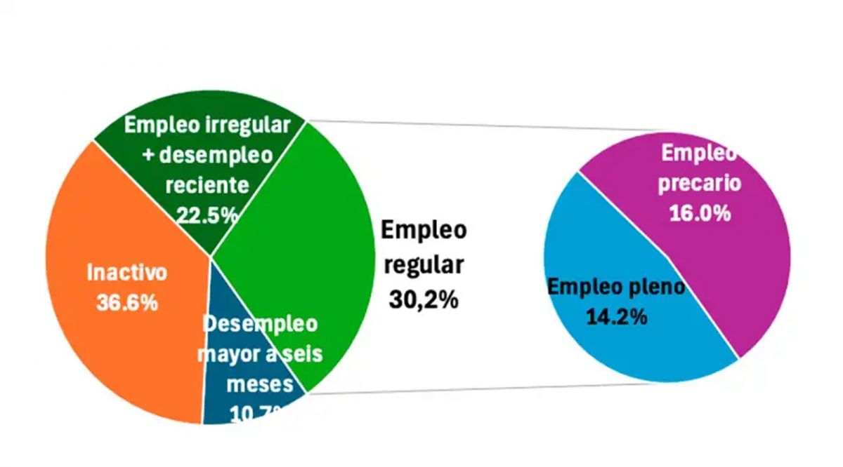 EMPLEO Y DESOCUPACIÓN. El 36,6% de los jóvenes está inactivo, mientras que el 30,2% tiene un empleo regular 