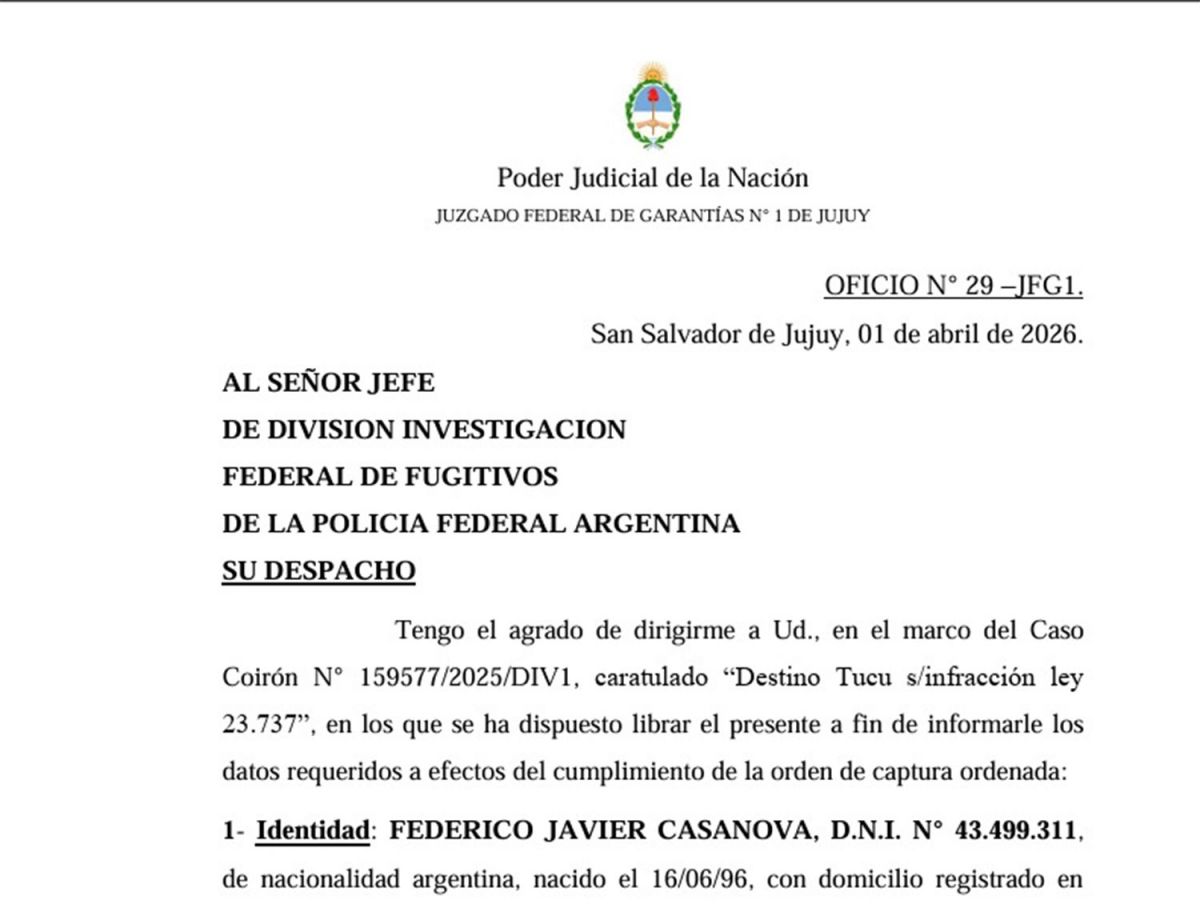 OFICIAL. El pedido de detención que realizó el 1 de abril un juez federal de Jujuy.
