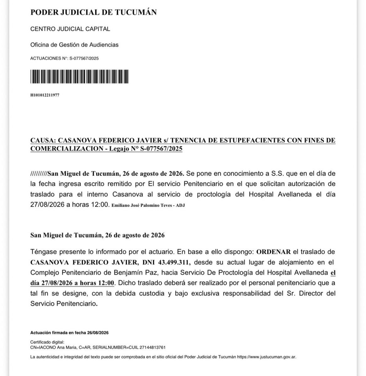 PRUEBA. El oficio en el que queda en claro que el permiso de salida del penal fue realizado por el Servicio Penitenciario.