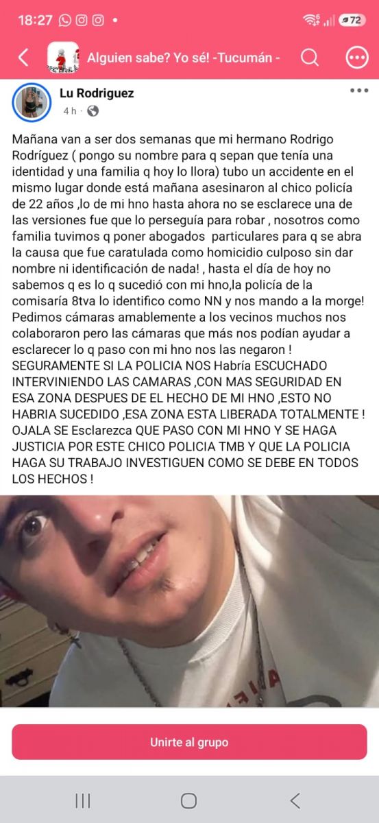 PEDIDO. Los familiares de Rodrigo Rodríguez pidieron en las redes sociales ayuda para esclarecer su muerte.