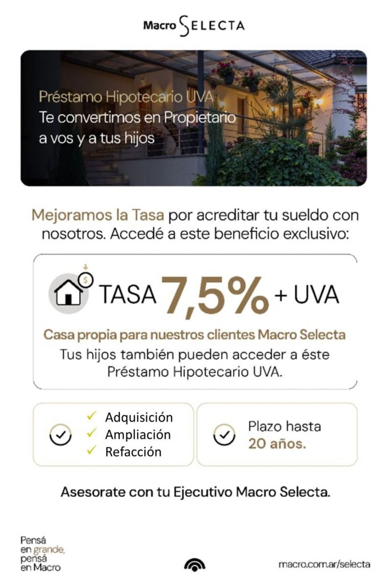 Banco Macro mejora las tasas de préstamos hipotecarios a 20 años