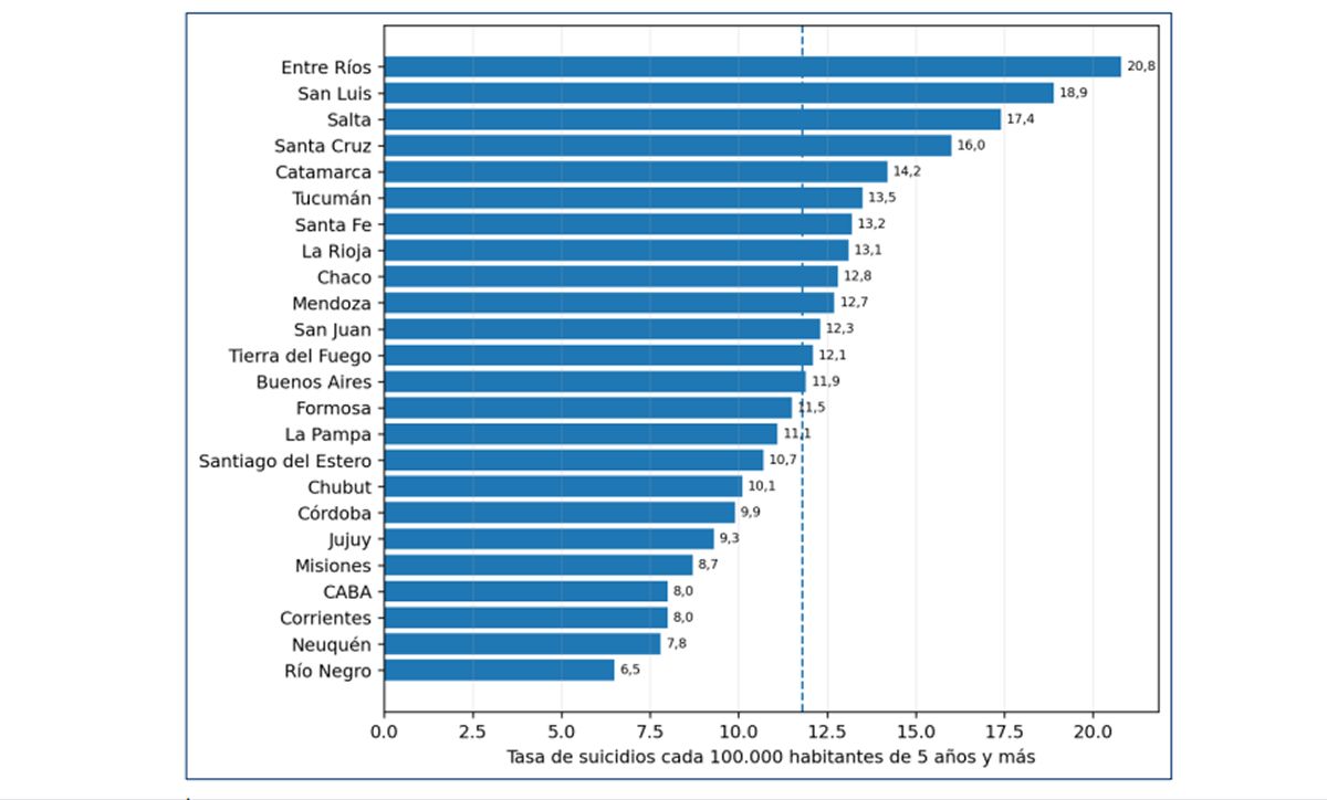 GRÁFICO 2. Tucumán quedó sexta entre las provincias con mayor tasa de suicidios, con 13,5 casos cada 100.000 habitantes. / OBSERVATORIO DE POLÍTICA CRIMINAL
