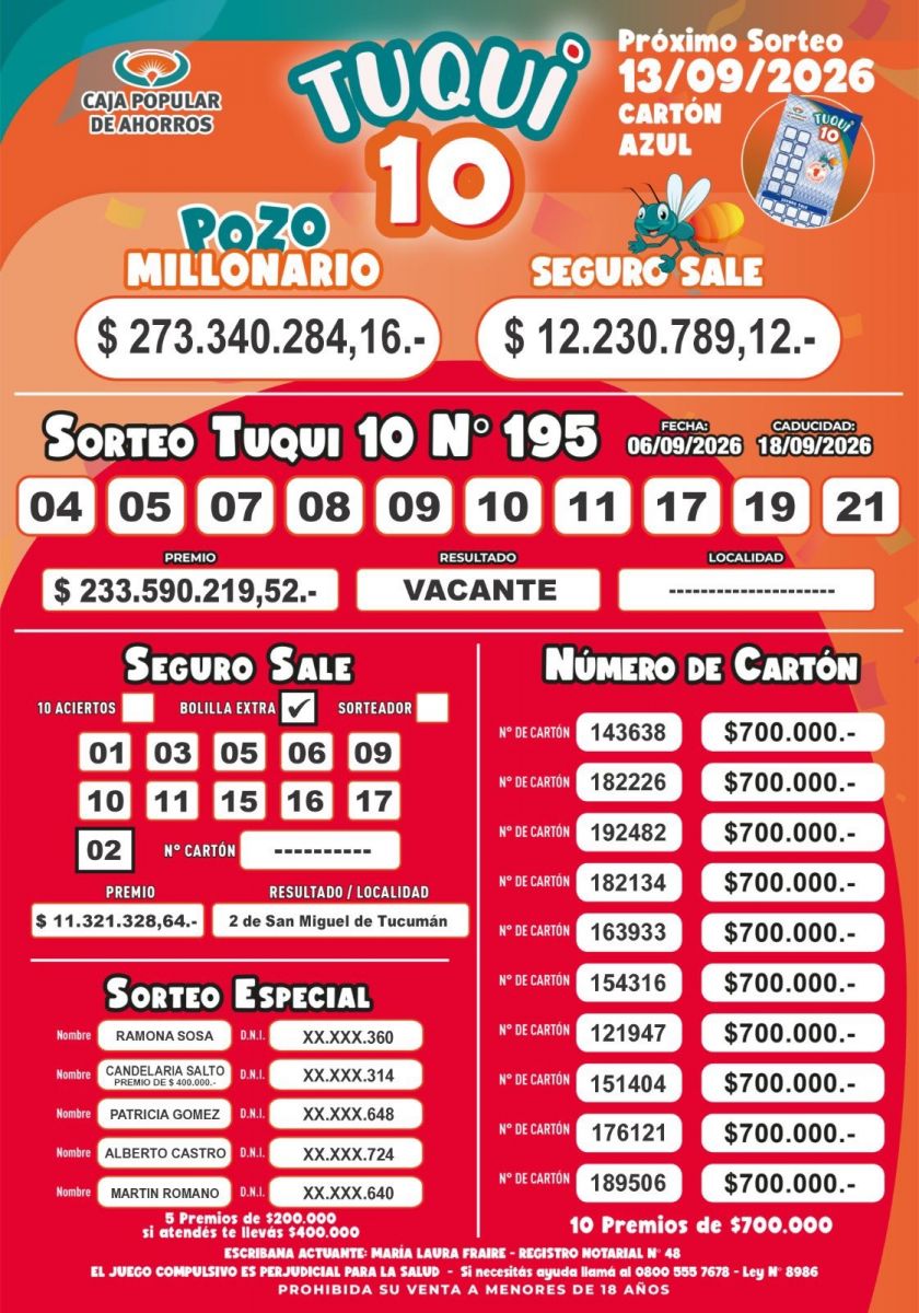 Tuqui 10: los números sorteados este 6 de septiembre. 