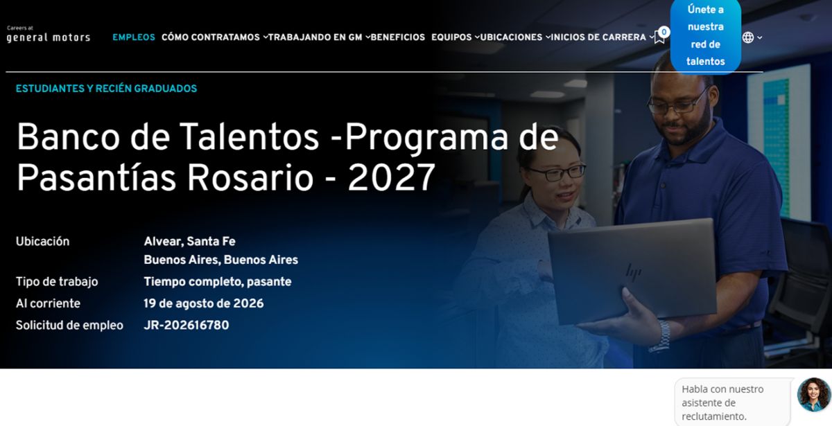 OPORTUNIDAD. General Motors busca jóvenes para sus pasantías 2027 en Buenos Aires y Santa Fe.