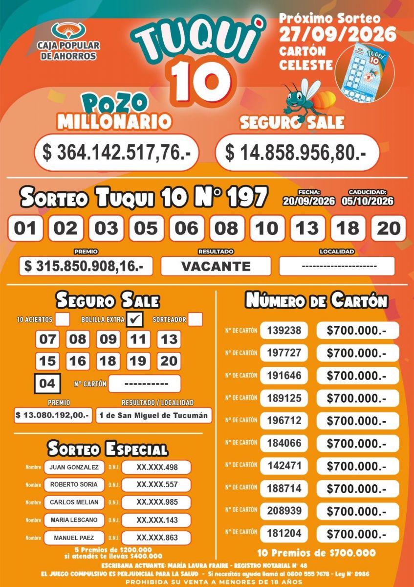 Tuqui 10: cómo salió el sorteo de este 20 de septiembre