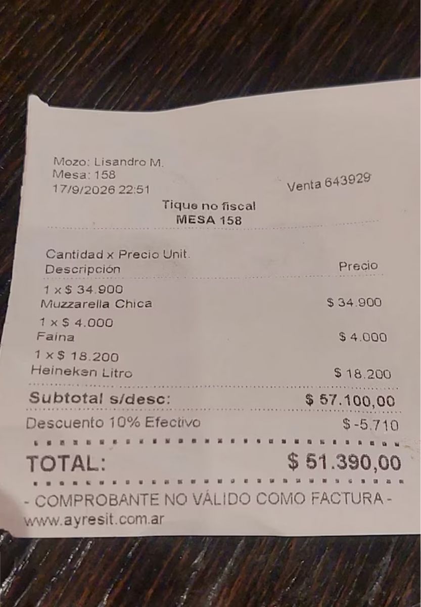 El ticket de Güerrín registró un subtotal de $57.100 por los tres productos.