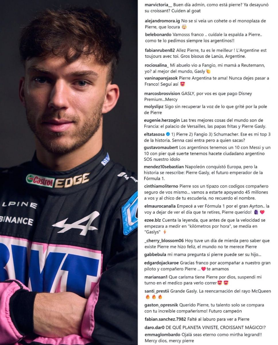 “Gasly y Perón, un solo corazón" : los comentarios irónicos de los argentinos en el Instagram de Alpine