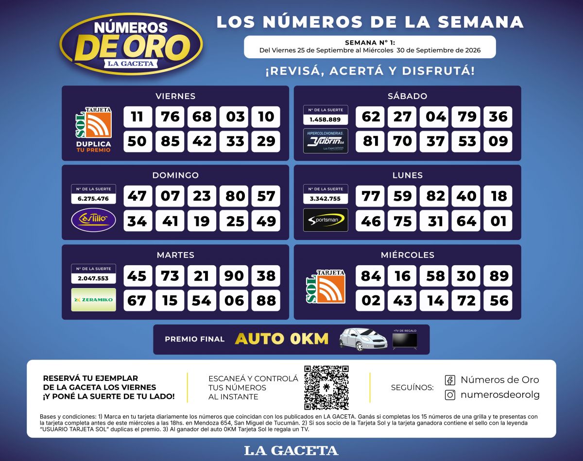 Esta es la grilla completa de los Números de Oro de LA GACETA del 30 de septiembre de 2026