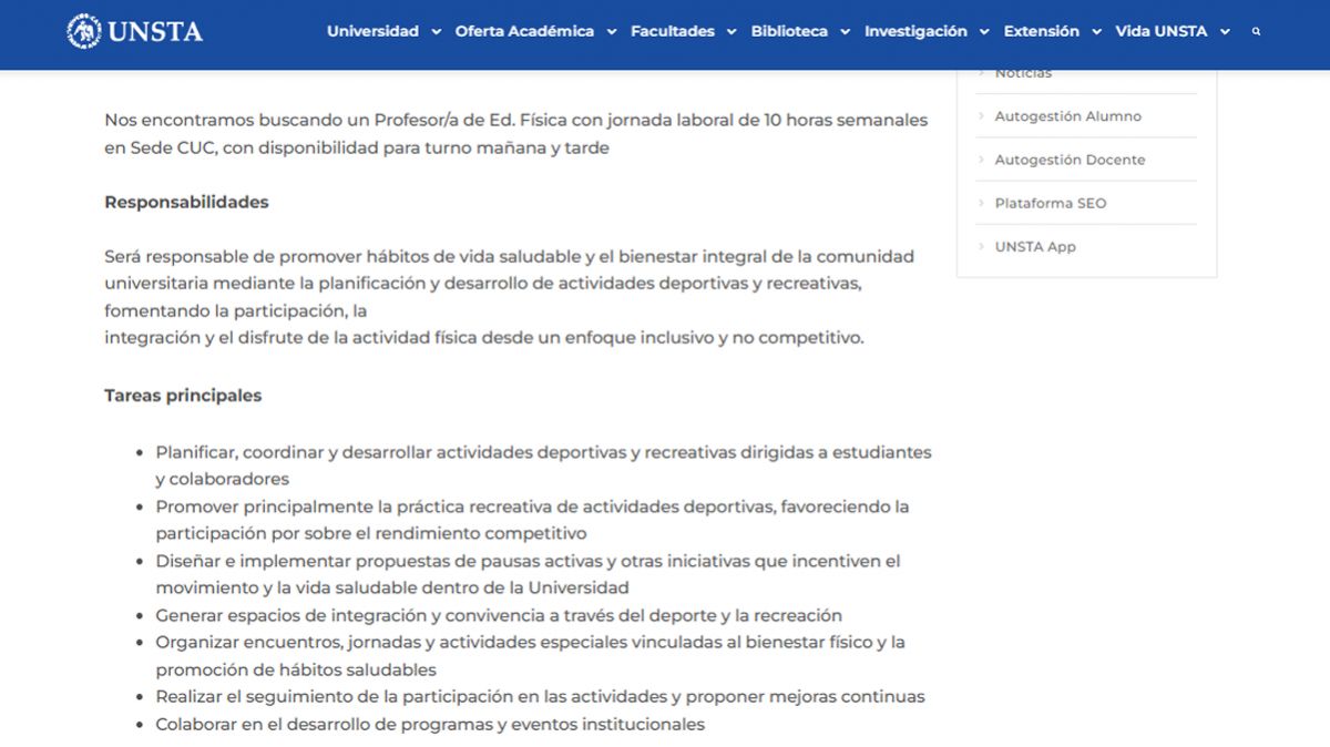 BOLSA DE TRABAJO. Las tareas principales que deberá realizar el profesional. 