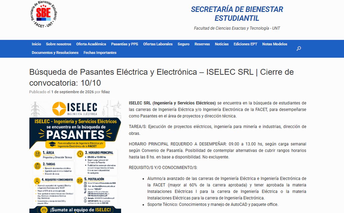 CONVOCATORIA. ISELEC busca estudiantes avanzados de la Facet. 