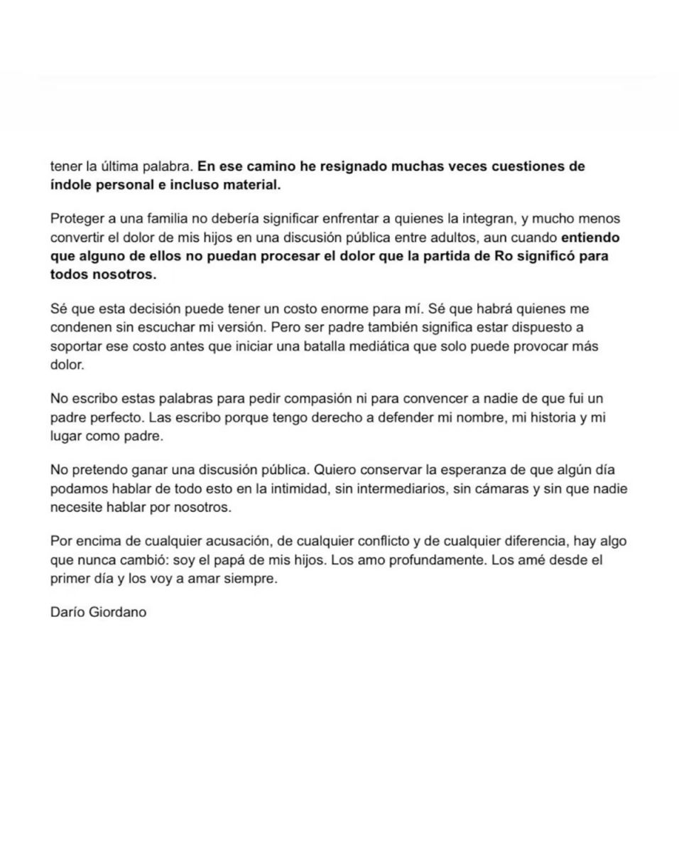 El comunicado de prensa de Darío Giordano. 