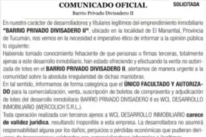 Solicitadas: Comunicado oficial - Barrio Privado Divisadero II