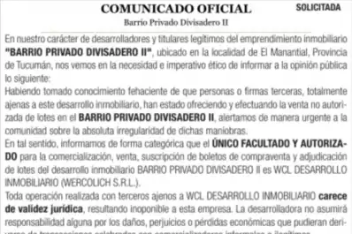 Solicitadas: Comunicado oficial - Barrio Privado Divisadero II