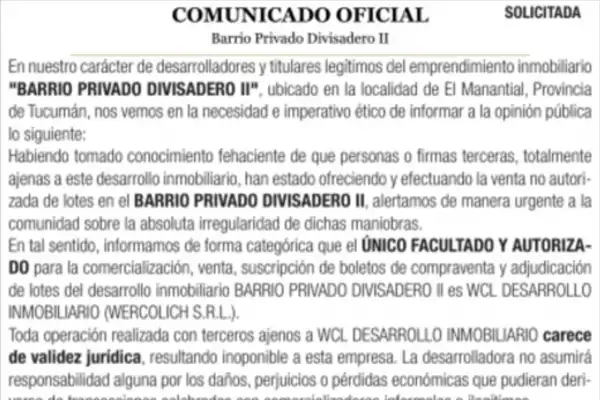 Solicitada: Comunicado oficial - Barrio Privado Divisadero II